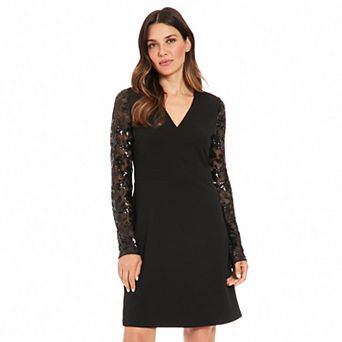 Women's London Times Long Sequin Sleeve V-Neck A-Line Dress