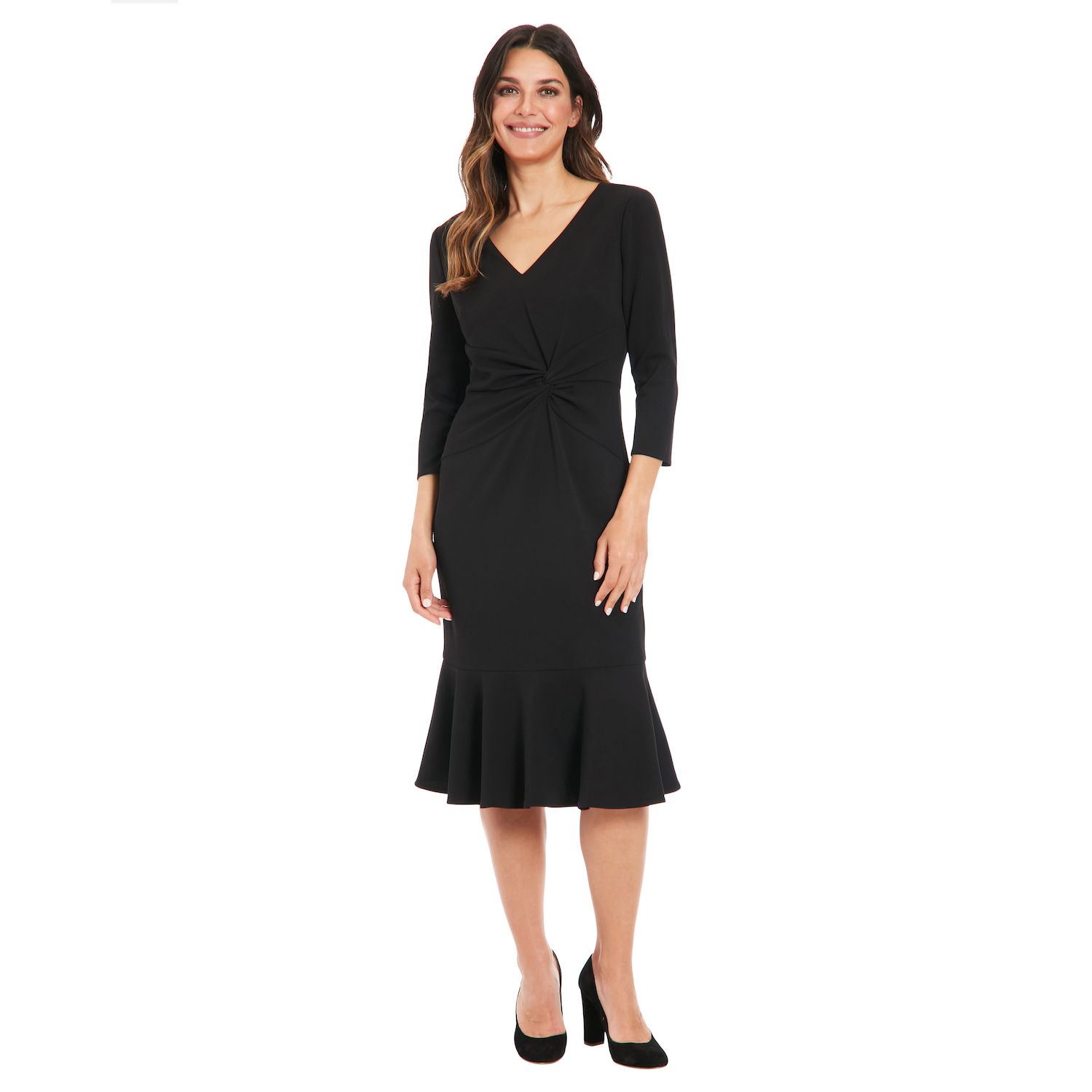 Женское платье London Times V-Neck Side Twist Midi, цвет: Чёрный