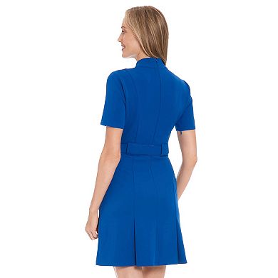 Women's London Times Mock Neck Belted Pleated Dress