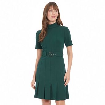 Women's London Times Mock Neck Belted Pleated Dress