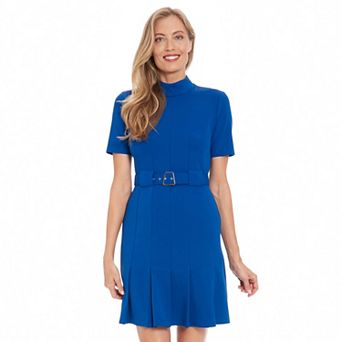Women's London Times Mock Neck Belted Pleated Dress