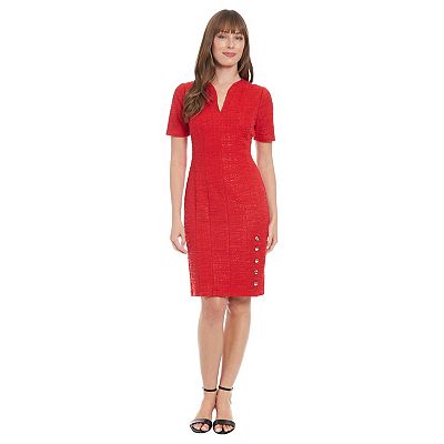 london times short sleeve sheath dress London Times Plus Size Foldover-Neck Fit & Flare Dress - Navy