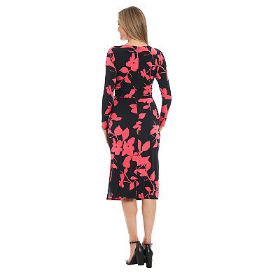 Women's London Times Long Sleeve Ruching Detail Side Slit Midi Dress
