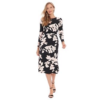 Women's London Times Long Sleeve Ruching Detail Side Slit Midi Dress
