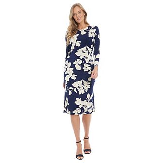 Women's London Times Long Sleeve Ruching Detail Side Slit Midi Dress