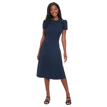 Women's London Times Envelope Collar Fit And Flare Button Dress
