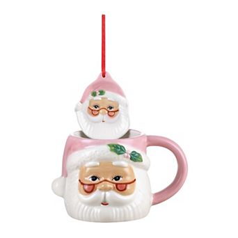 Mr Christmas 2 pc Pink Ceramic Santa Claus Mug & Ornament Set