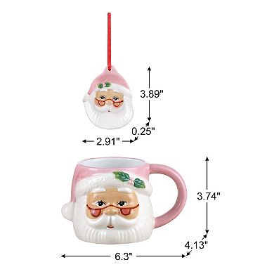 Mr Christmas 2-Piece Pink Ceramic Santa Claus Mug & Ornament Set