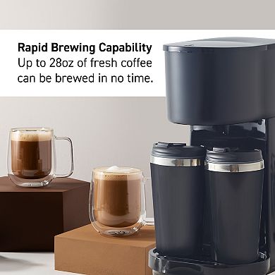 Elite Cuisine Dual Coffee Maker with Two Stainless Steel Interior Travel Mugs