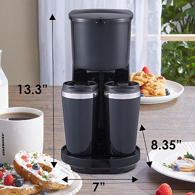 Elite Cuisine Dual Coffee Maker with Two Stainless Steel Interior Travel Mugs