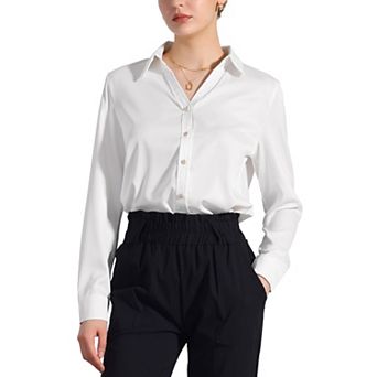 Women's Work Office Shirt V Neck Button Down Long Sleeve Chiffon Blouse Top