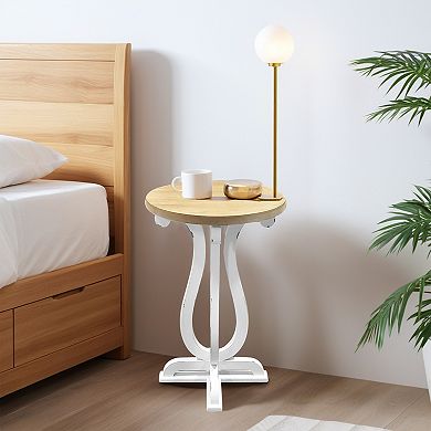 Parisloft Farmhouse Wood Round Side Table with Natural Wood Tabletop and Distressed White Base