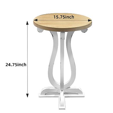 Parisloft Farmhouse Wood Round Side Table with Natural Wood Tabletop and Distressed White Base