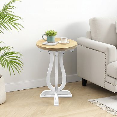 Parisloft Farmhouse Wood Round Side Table with Natural Wood Tabletop and Distressed White Base