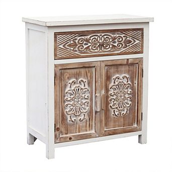 Parisloft Farmhouse Rustic Carved Wood Storage Cabinet with 1 Drawer and 2 Doors, 31"H