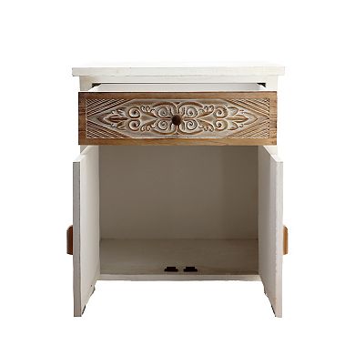 Parisloft Farmhouse Rustic Carved Wood Storage Cabinet with 1 Drawer and 2 Doors, 31"H