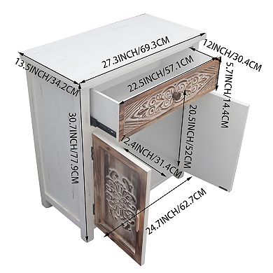 Parisloft Farmhouse Rustic Carved Wood Storage Cabinet with 1 Drawer and 2 Doors, 31"H