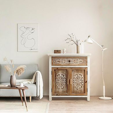 Parisloft Farmhouse Rustic Carved Wood Storage Cabinet with 1 Drawer and 2 Doors, 31"H