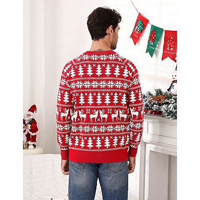 Man's Christmas Sweater Reindeer Snowflake Pattern Crew Neck Holiday Pullover Knitwear