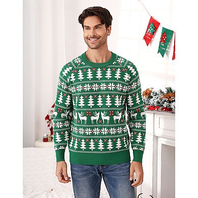 Man's Christmas Sweater Reindeer Snowflake Pattern Crew Neck Holiday Pullover Knitwear