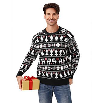 Man's Christmas Sweater Reindeer Snowflake Pattern Crew Neck Holiday Pullover Knitwear
