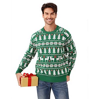 Man's Christmas Sweater Reindeer Snowflake Pattern Crew Neck Holiday Pullover Knitwear