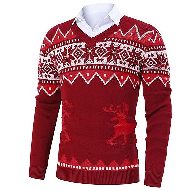 Men's Christmas Sweaters Holiday Reindeer Snowflakes V Neck Pullover