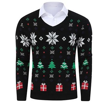 Men's Christmas Sweaters Holiday Reindeer Snowflakes V Neck Pullover