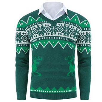 Men's Christmas Sweaters Holiday Reindeer Snowflakes V Neck Pullover