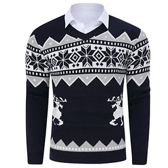 Men's Christmas Sweaters Holiday Reindeer Snowflakes V Neck Pullover