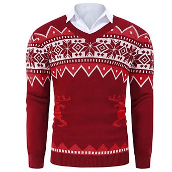 Men's Christmas Sweaters Holiday Reindeer Snowflakes V Neck Pullover