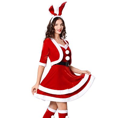 Women Mrs Claus Costume Santa Christmas Costume Velvet Dress Outfit With Belt Shawl Gloves Headband