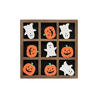 Parisloft Farmhouse Rustic Wood Halloween Tic Tac Toe Game Board - 11.8 x 11.8 inches