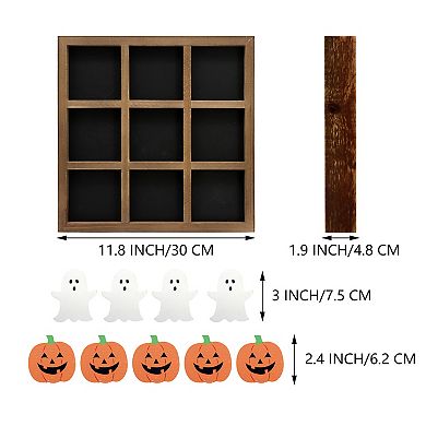 Parisloft Farmhouse Rustic Wood Halloween Tic Tac Toe Game Board - 11.8 x 11.8 inches