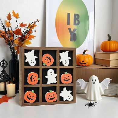 Parisloft Farmhouse Rustic Wood Halloween Tic Tac Toe Game Board - 11.8 x 11.8 inches