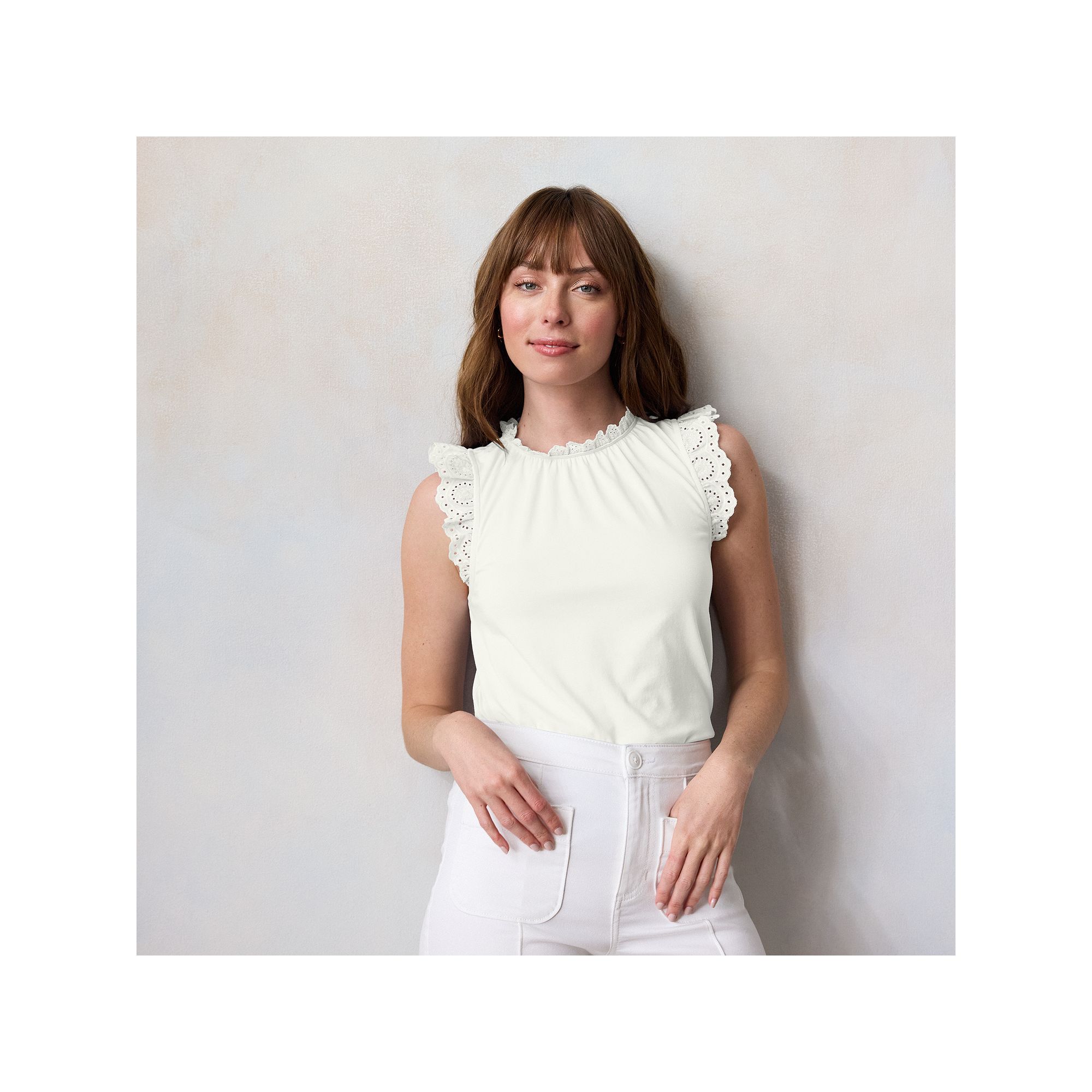 Womens LC Lauren Conrad Lace Ruffle Sleeve Crewneck Tank Top, Size: XS, Gr
