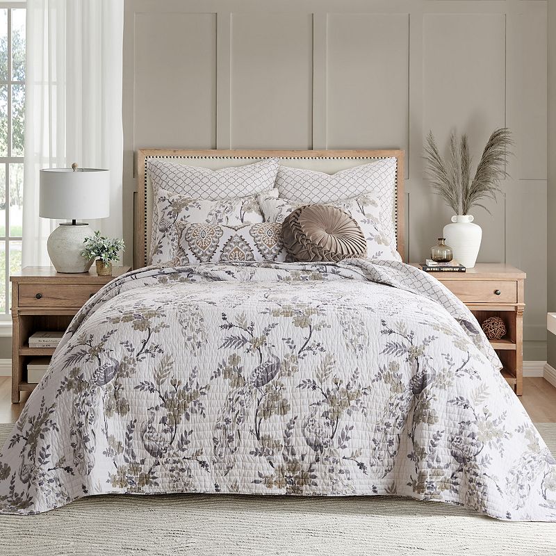 Levtex Home - Pisa Bedspread Set - King Bedspread and Two King Shams - Floral Contemporary Peacock - Grey and Taupe - Bedspread (120x106in.) and Shams (20x36in.) - Cotton