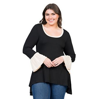 Plus Size 24Seven Comfort Apparel Bell Sleeve High Low Tunic Top