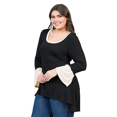 Plus Size 24Seven Comfort Apparel Bell Sleeve High Low Tunic Top