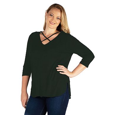 Plus Size 24Seven Comfort Apparel Criss Cross Round Hemline Tunic Top