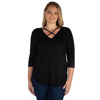 Plus Size 24Seven Comfort Apparel Criss Cross Round Hemline Tunic Top