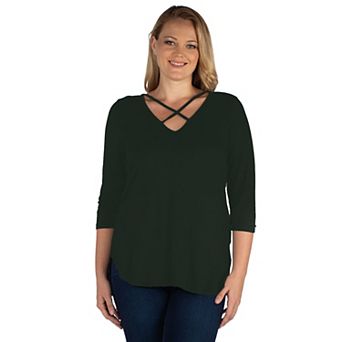 Plus Size 24Seven Comfort Apparel Criss Cross Round Hemline Tunic Top