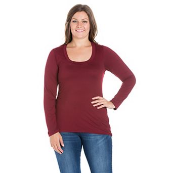 Plus Size 24Seven Comfort Apparel Solid Long Sleeve Scoop Neck Tee