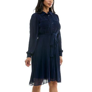 Women's Nina Leonard Pleated Dress with Tie Sash