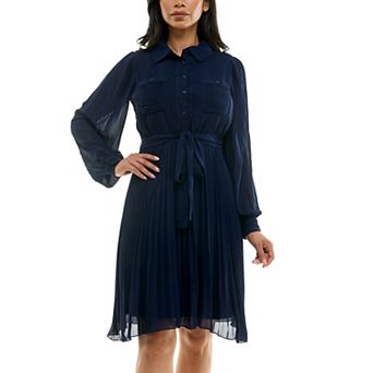 Women's Nina Leonard Pleated Dress with Tie Sash