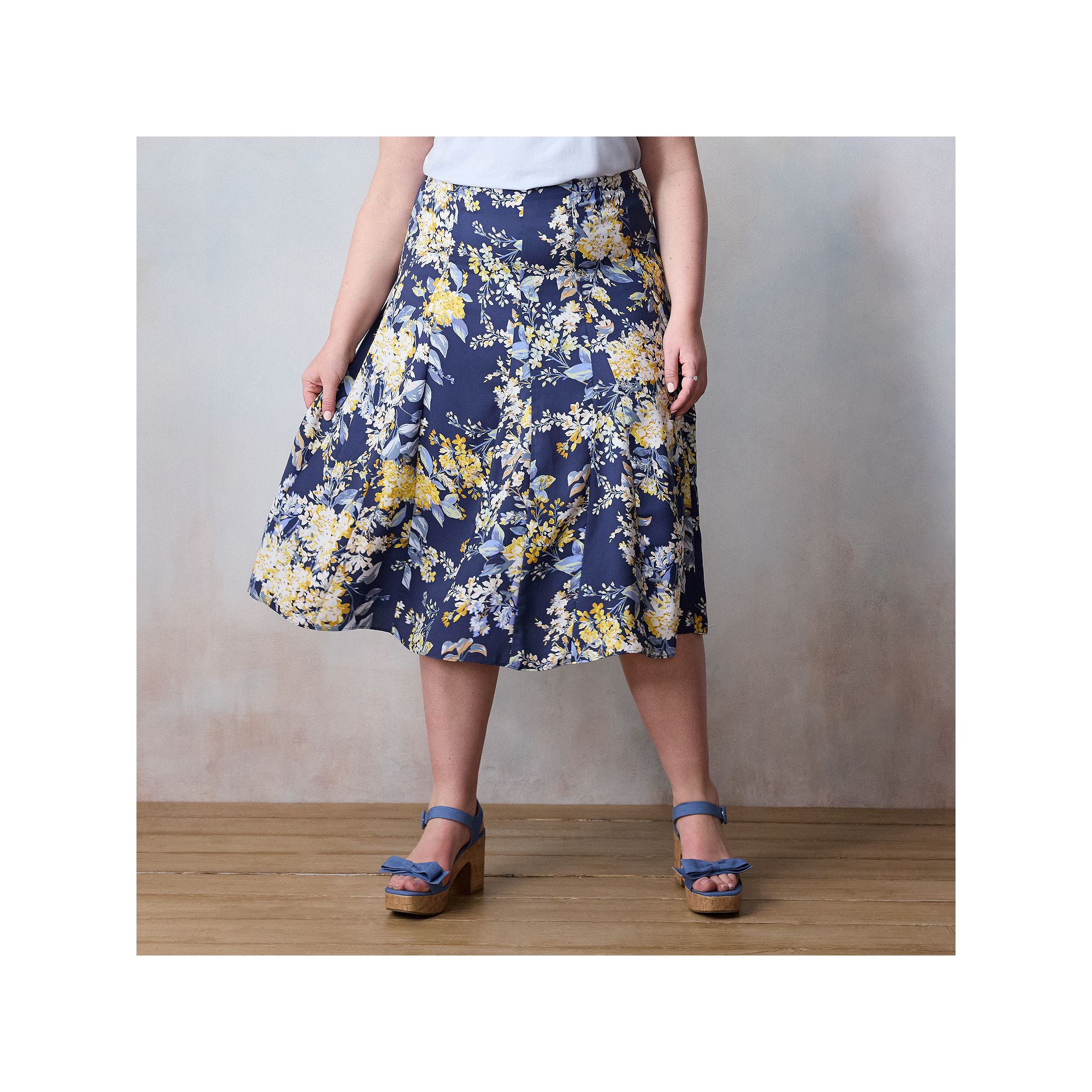 Plus Size LC Lauren Conrad Godet Midi Skirt, Womens, Size: 1XL, Blue Flora