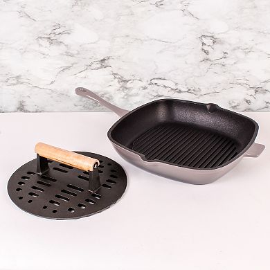 BergHOFF 2-Piece Neo Cast Iron 11-in. Grill Pan with Slotted Steak Press Set