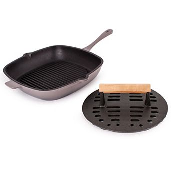 BergHOFF 2 pc Neo Cast Iron 11 in Grill Pan with Slotted Steak Press Set