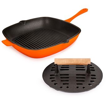BergHOFF 2 pc Neo Cast Iron 11 in Grill Pan with Slotted Steak Press Set