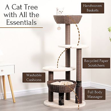 PetPals® 5-Level Large Cat Tree with Scratching Posts, Baskets, Cushions & Massager, Beige